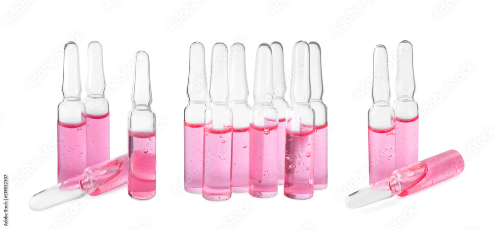 Set with glass ampoules with pharmaceutical products on white background. Banner design Set with glass ampoules with pharmaceutical products on white background. Banner design