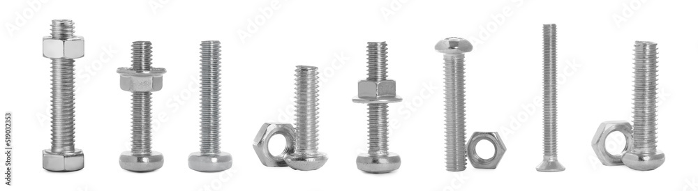 Set with metal bolts and nuts on white background. Banner design Set with metal bolts and nuts on white background. Banner design
