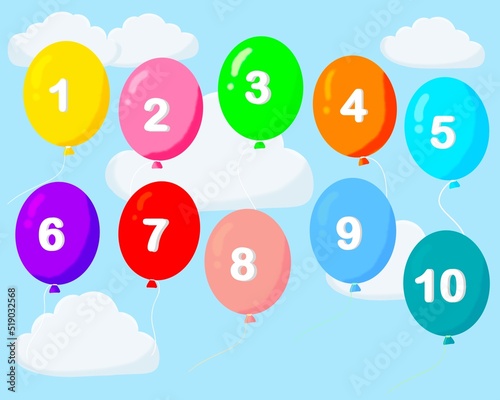 Set of number colorful balloons isolated on sky background.teaching materials.