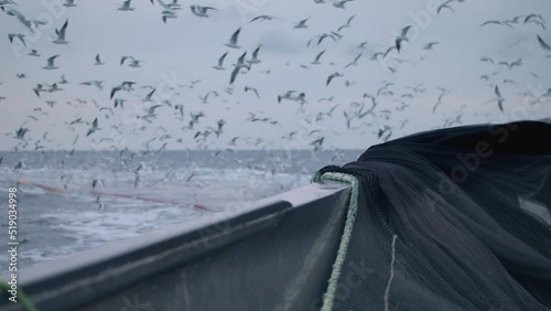 A fishing trawler is leaving its giant net into the sea and seagulls are flying around in slow motion. A rack focus through background.