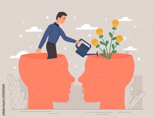 Development of new skills. Mentoring, training and achieving success. Young man watering flower in human head. Guy transfers his knowledge to another person. Cartoon flat vector illustration