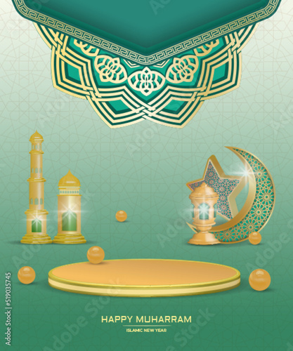 Happy Muharram social media post template with 3d podium and Islamic ornament