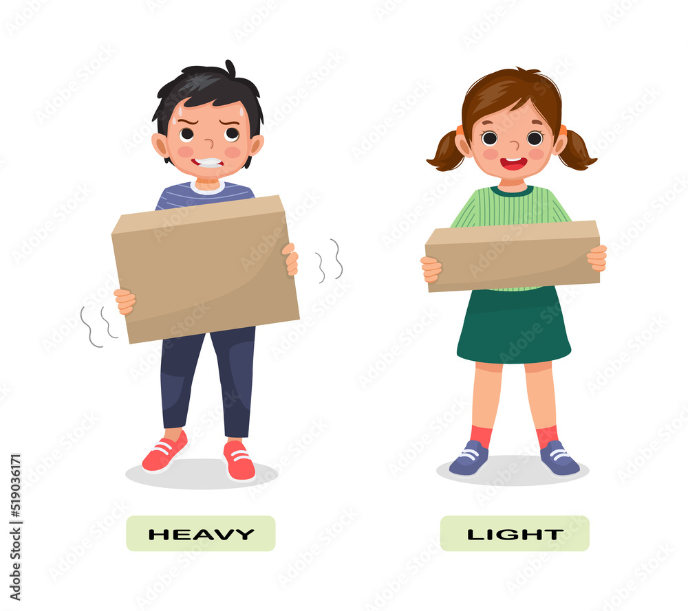 Opposite adjective antonym English words heavy light illustration for kids explanation flashcard with text label Opposite adjective antonym English words heavy light illustration for kids explanation flashcard with text label