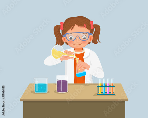 cute little girl scientist with safety goggles mixing chemical liquid in flasks doing science project  chemistry experiment in the laboratory