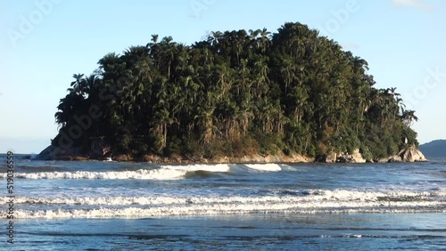 Ocean Waves and Urubuquecaba Island, Waterfront of Santos, Brazil, Slow Motion photo