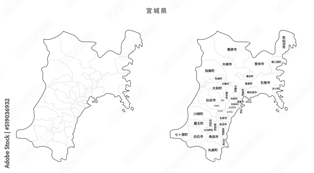 日本　白地図　宮城県（市区町村）