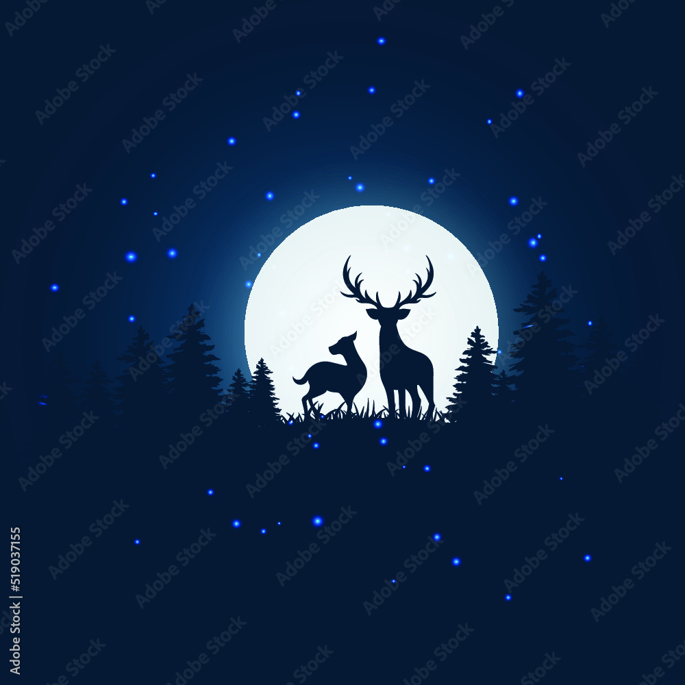 Animal silhouette, halloween night background and moonlight vector illustration.