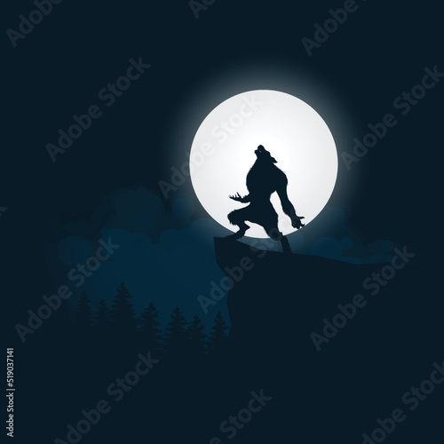Animal silhouette, halloween night background and moonlight vector illustration.