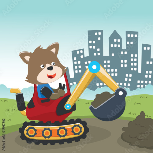 Vector illustration of cute fox riding contruction vehicle with cartoon style. Can be used for t-shirt print, kids wear, invitation card. fabric, textile, nursery wallpaper and other decoration. © Hijaznahwani