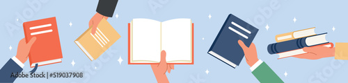 Set of hand giving book. People holding colorful paper manuals in their palms. Exchange literature. Banner for bookcrossing advertising. Cartoon flat vector collection isolated on white background