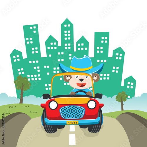 Vector illustration of cute fox riding contruction vehicle with cartoon style. Can be used for t-shirt print, kids wear, invitation card. fabric, textile, nursery wallpaper and other decoration.