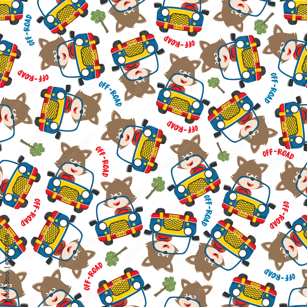 Seamless pattern vector of Cute fox cartoon having fun driving off road car go to forest. Creative vector childish background for fabric textile, nursery wallpaper, poster. and other decoration. Seamless pattern vector of Cute fox cartoon having fun driving off road car go to forest. Creative vector childish background for fabric textile, nursery wallpaper, poster. and other decoration.