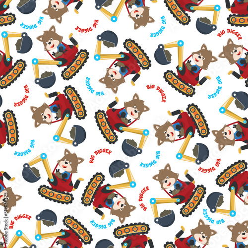 Fototapeta Naklejka Na Ścianę i Meble -  Seamless pattern of Cute little fox on excavator. Can be used for t-shirt print, kids wear fashion design, print for t-shirts, baby clothes, poster. and other decoration.