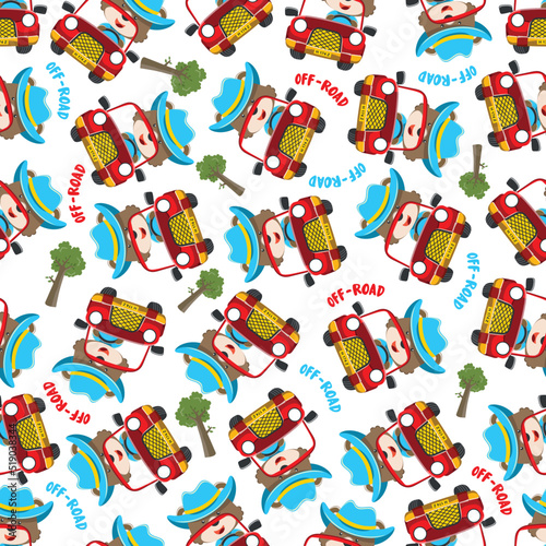 Seamless pattern vector of Cute fox cartoon having fun driving off road car go to forest. Creative vector childish background for fabric textile, nursery wallpaper, poster. and other decoration.