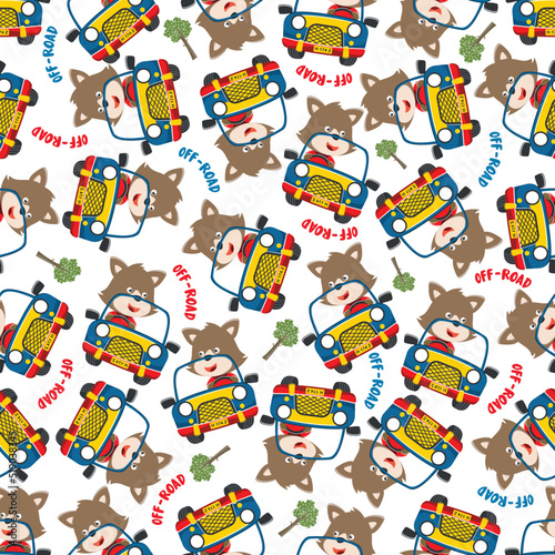 Seamless pattern vector of Cute fox cartoon having fun driving off road car go to forest. Creative vector childish background for fabric textile, nursery wallpaper, poster. and other decoration.