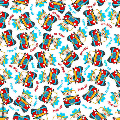 Seamless pattern vector of Cute fox cartoon having fun driving off road car go to forest. Creative vector childish background for fabric textile, nursery wallpaper, poster. and other decoration.