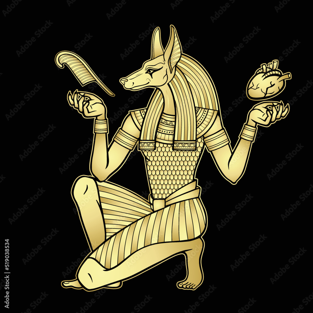 Animation portrait Ancient Egyptian god Anubis holds human heart and