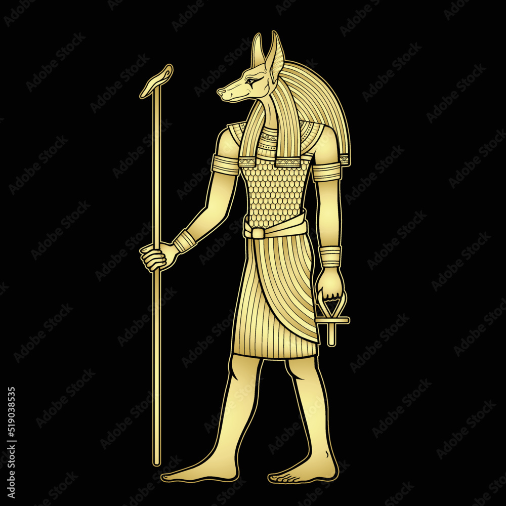 Obraz premium Animation portrait: Ancient Egyptian god Anubis holds a staff and an anch cross. Full growth. Deity with canine head. God of death. View profile. Vector illustration isolated on a black background.