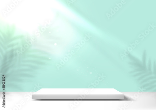 Square white podium with tropical plant shadow and sunlight in clean room background. Stage empty for product display, advertising, show, and cosmetics in Summertime. Vector illustration.