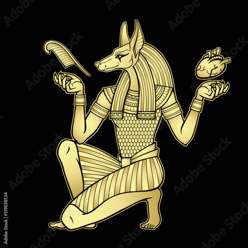 Animation portrait: Ancient Egyptian god Anubis holds human heart and pen. Afterlife ritual. God of death. Egyptian history and mythology. Vector illustration isolated on a black background.
