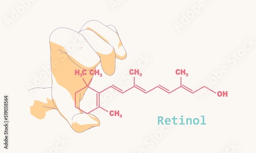 Hand holding chemical molecular formula of vitamin A retinol.