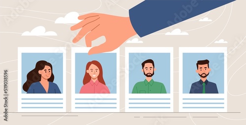 Recruitment to company. Selection of best candidate for vacancy. Expansion of staff, hr manager recruiting employees. Male and female photos with data about them. Cartoon flat vector illustration
