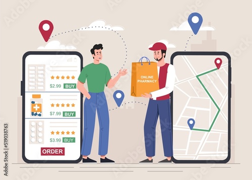 Courier delivered medicines client. Employee of medical company holds bag with pharmaceutical products in his hands. Home shipping services. Online order in app. Cartoon flat vector illustration