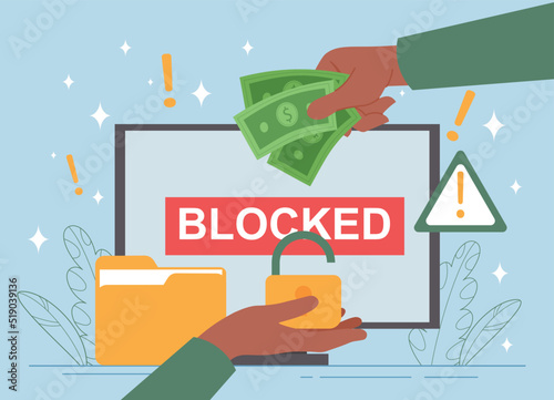 Ransomware virus on computer. Hand holds money to give them for key to unlock folder with user data. Information security and protection against hacker cyberattacks. Cartoon flat vector illustration