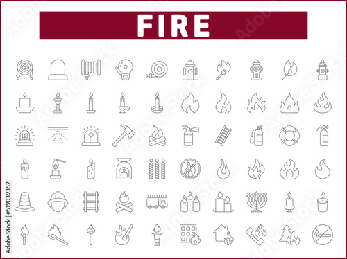 Simple Set of fire Related Vector Line Icons. Contains such Icons as candle, disaster, fireplace, firefighter, hydrant, safety, light symbols and more.