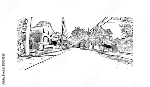 Building view with landmark of New Haven is the city in Connecticut. Hand drawn sketch illustration in vector.