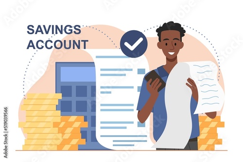 Concept of savings account. Money management and financial economy. Young guy holding long cheque, phone in his hands. Budget calculation and distribution of funds. Cartoon flat vector illustration