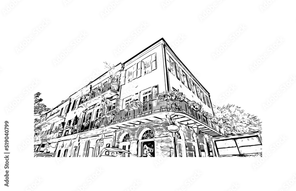 Building view with landmark of New Orleans is the 
city in Louisiana. Hand drawn sketch illustration in vector.