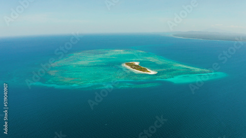 Tropical island Canimeran with sandy beach in the blue sea with coral reef, top view. Summer and travel vacation concept. Balabac, Palawan, Philippines. © Alex Traveler