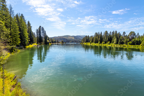 The scenic Pend Oreille River in Priest River, Idaho, in the Northern Idaho panhandle on a summer day.