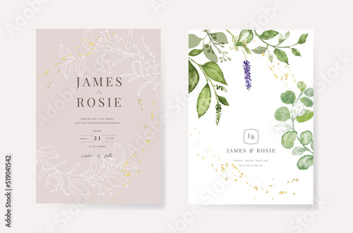 Minimal pink Wedding Invitation, floral invite thank you, rsvp modern card Design  with golden line decorative Vector elegant rustic template