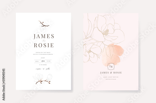 Minimal pink Wedding Invitation, floral invite thank you, rsvp modern card Design  with golden line decorative Vector elegant rustic template