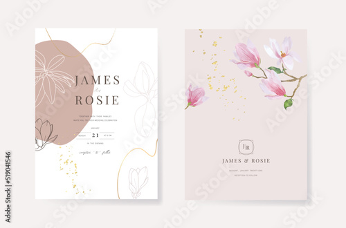 Minimal pink Wedding Invitation, floral invite thank you, rsvp modern card Design  with golden line decorative Vector elegant rustic template