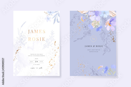 Minimal blue Wedding Invitation, floral invite thank you, rsvp modern card Design with golden line decorative Vector elegant rustic template