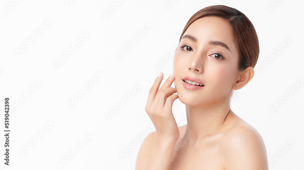 Beautiful young asian woman with clean fresh skin on white background, Face care, Facial treatment, Cosmetology, beauty and spa, Asian women portrait.