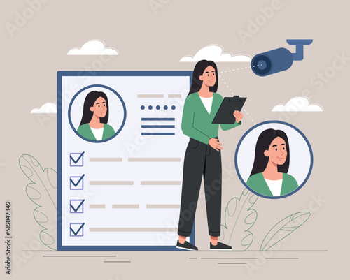 Video surveillance and face recognition. Camera determines persons appearance based on biometric data. Girl holding tablet with results of checking tracking system. Cartoon flat vector illustration