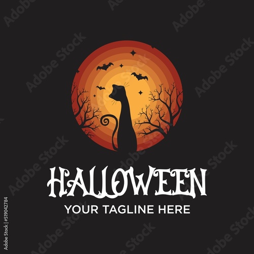 cat with bats flying in halloween scene