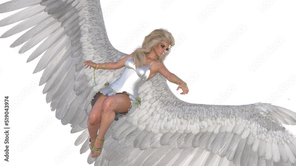 Naklejka premium Angel poses for your pictures. Angel figurine with wings in flying poses isolated on white background. 3d rendering - illustration.