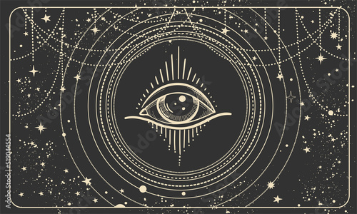 Esoteric banner with an all-seeing eye in a frame, black vector background for numerology, future prediction, tarot, esoterics. Modern flat illustration, vintage boho design.