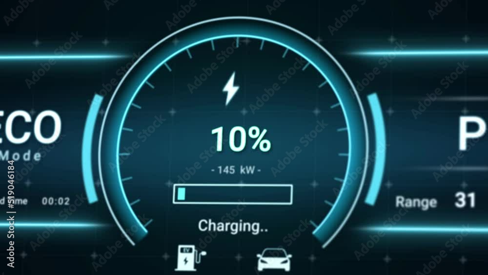 Battery charging status interface on electric vehicle using DC fast charger from charging station, futuristic smart HUD power level indicator UI display for EV industry technology 3d rendering