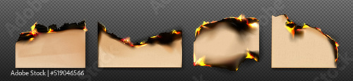 Burn craft paper borders, brown burnt pages with smoldering fire on charred uneven edges, damaged parchment sheets in flame with ashes isolated on transparent background Realistic 3d vector set