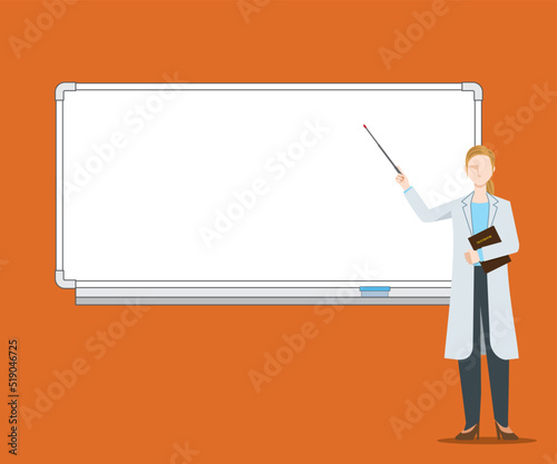 白衣を着た医師、教授がホワイトボードで授業をするイラスト　カンファレンス　講義　白人系女性　8等身
