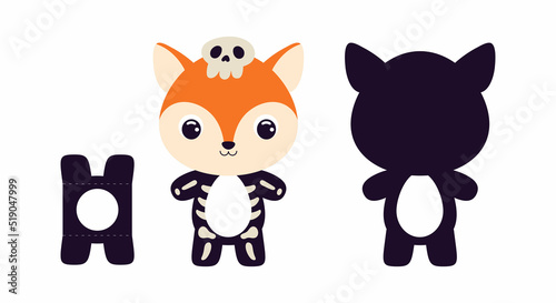Cute die cut Halloween fox chocolate egg holder template. Cartoon animal character in a skeleton costume. Retail paper box for the easter egg. Printable color scheme. Vector stock illustration
