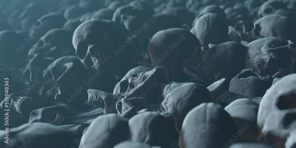 War concept, Bunch of Bones Human Skulls scattering and  covering dusty ground, death and extinction conceptual background