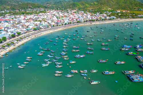 Vinh Luong fishing village  Nha Trang  Vietnam seen from above with hundreds of boats anchored to avoid storms  traffic and densely populated areas below