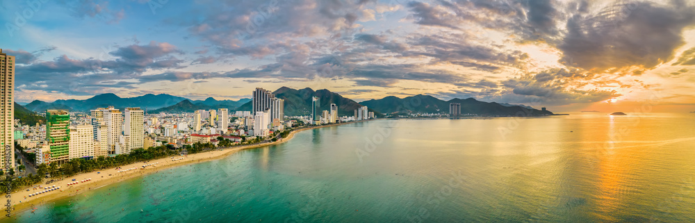 The coastal city of Nha Trang seen from above on at dawn. This is a famous city for cultural tourism in central Vietnam